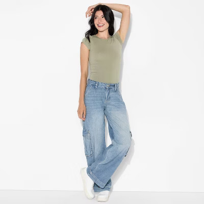Women's Mid-Rise Wide Leg Cargo Jeans - Wild Fable™ Blue 00 | Target