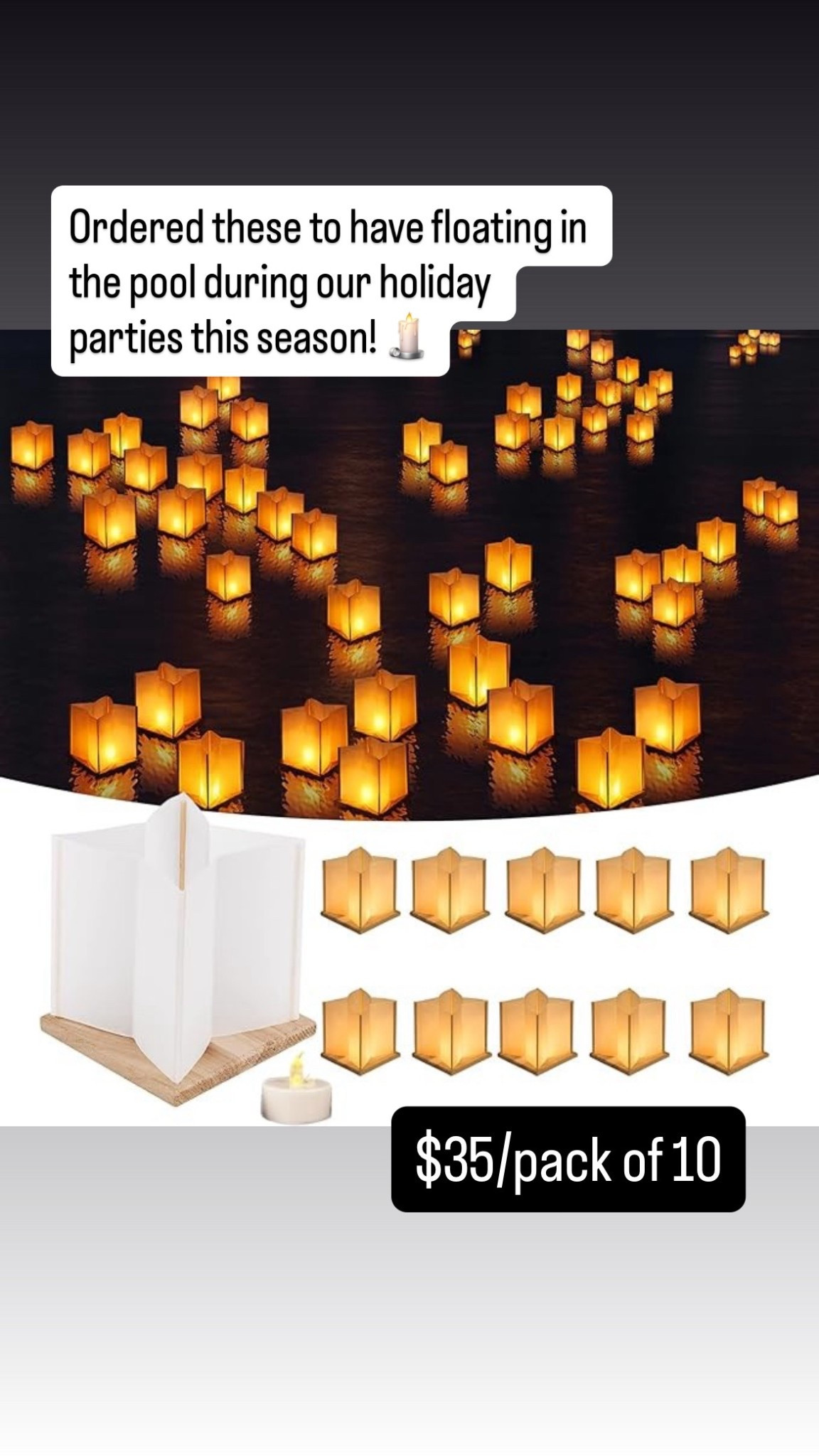 Ordered these floating candle luminaries to put in the pool during our holiday parties this season. Good for Thanksgiving, Christmas and NewYears! 

I like that they come with a wood base. Stay tuned s d I’ll share a video when they arrive! 

#partydecorations #newyearseve #christmas #decor #lights 

#LTKParties #LTKFindsUnder50 #LTKHoliday