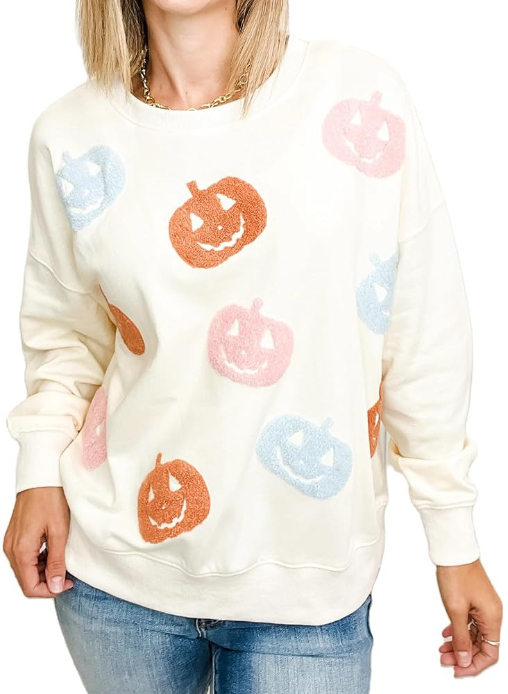 Halloween Pumpkin Sweatshirt for women Spooky Season Sequin Graphic Sweater Tops Oversized Crewne... | Amazon (US)
