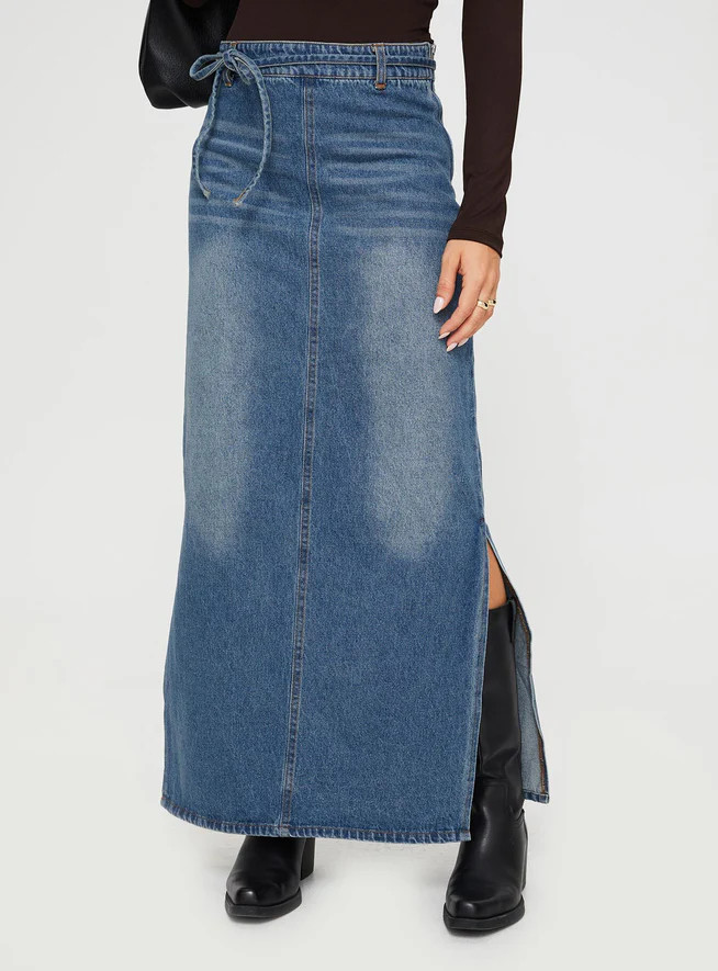 Brandee Tie Front Denim Maxi Skirt Mid Blue | Princess Polly US