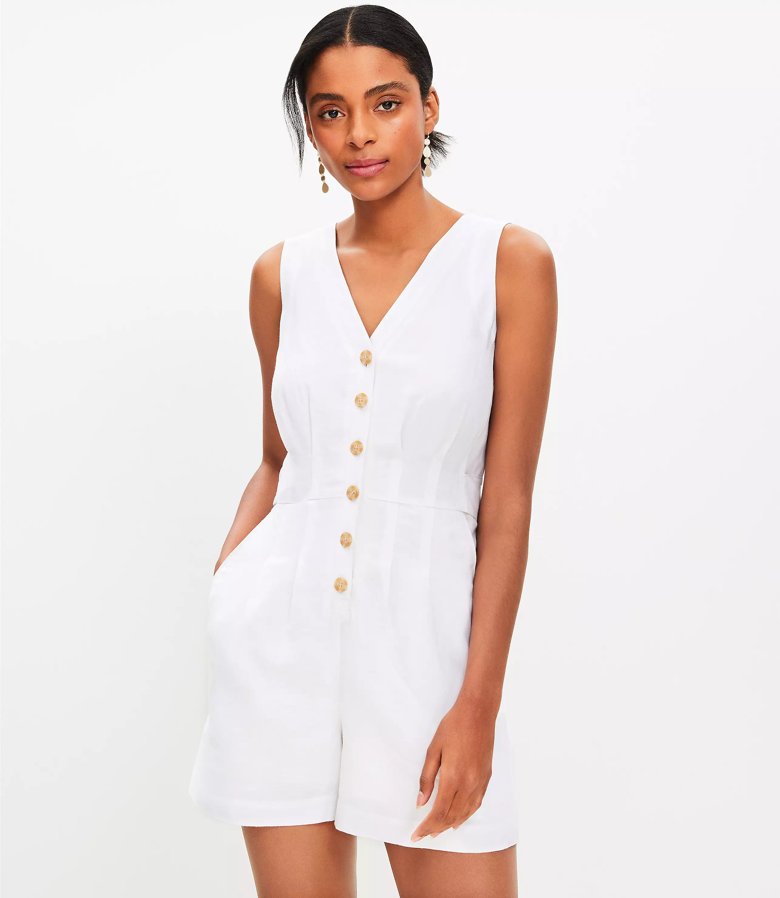 Linen Blend V-Neck Romper | LOFT