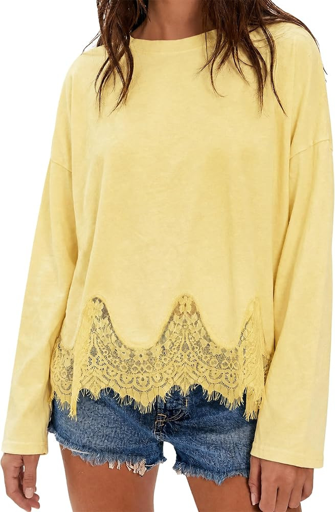 Tankaneo Womens Long Sleeve Lace Tops Oversized Crew Neck Casual T Shirts | Amazon (US)