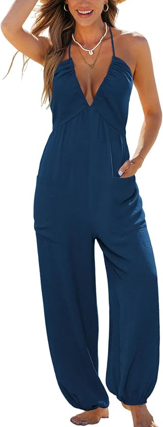 CUPSHE Womens Maxi One Piece Jumpsuit Plunging V Neck Sleeveless Casual Outfit Beach Overall Vaca... | Amazon (US)