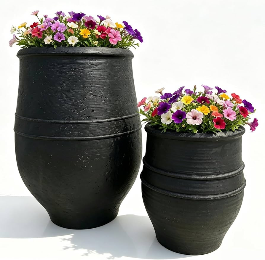 21.3"H & 13.2"H Matte Charcoal Black Textured Plastic Planter Set of 2 | Amazon (US)