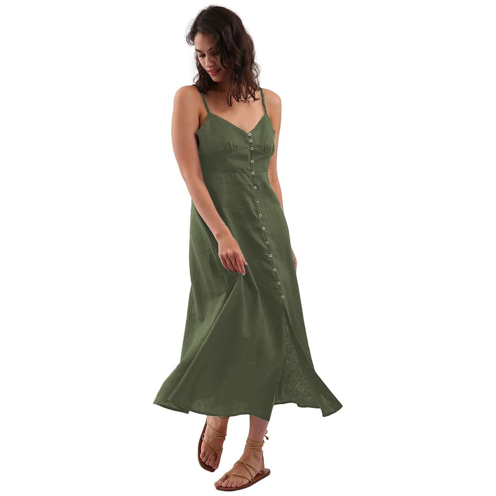 Amazhiyu Womens 100% Linen Summer Spaghetti Strap Button Down Midi Dress Casual | Amazon (US)