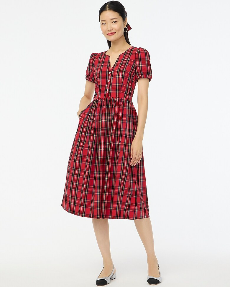 Stewart tartan  puff-sleeve midi dress with jeweled buttons | J.Crew Factory