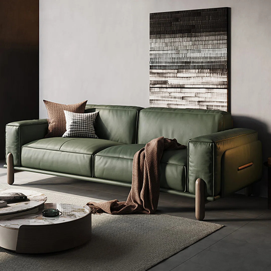 Mid century modern sofa,Genuine Leather sofa with Solid Wood,Loveseat Green couch | Wayfair North America