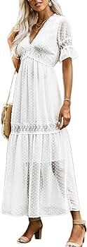 Bdcoco Women's V Neck Floral Lace Wedding Dress Short Sleeve Bridesmaid Evening Party Maxi Dress | Amazon (US)