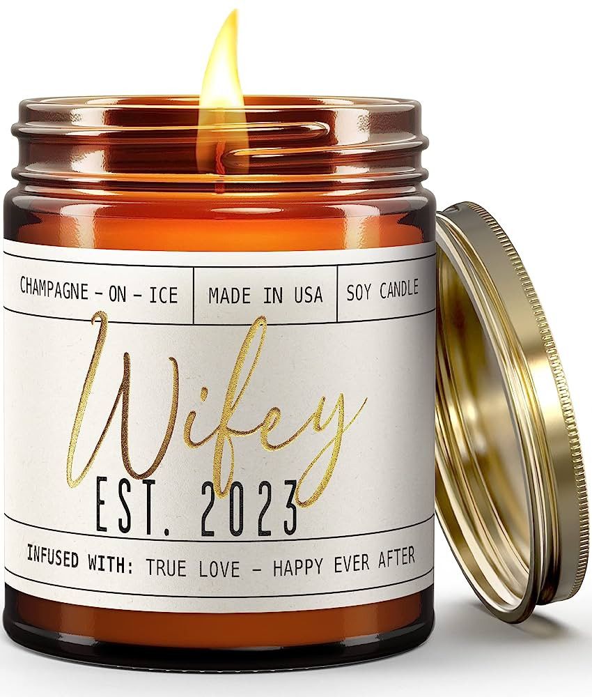 Wedding Gifts for Bride, Bride Gifts, Bridal Shower Gift - 'Wifey Est. 2023' Soy Candle, w/Champa... | Amazon (US)