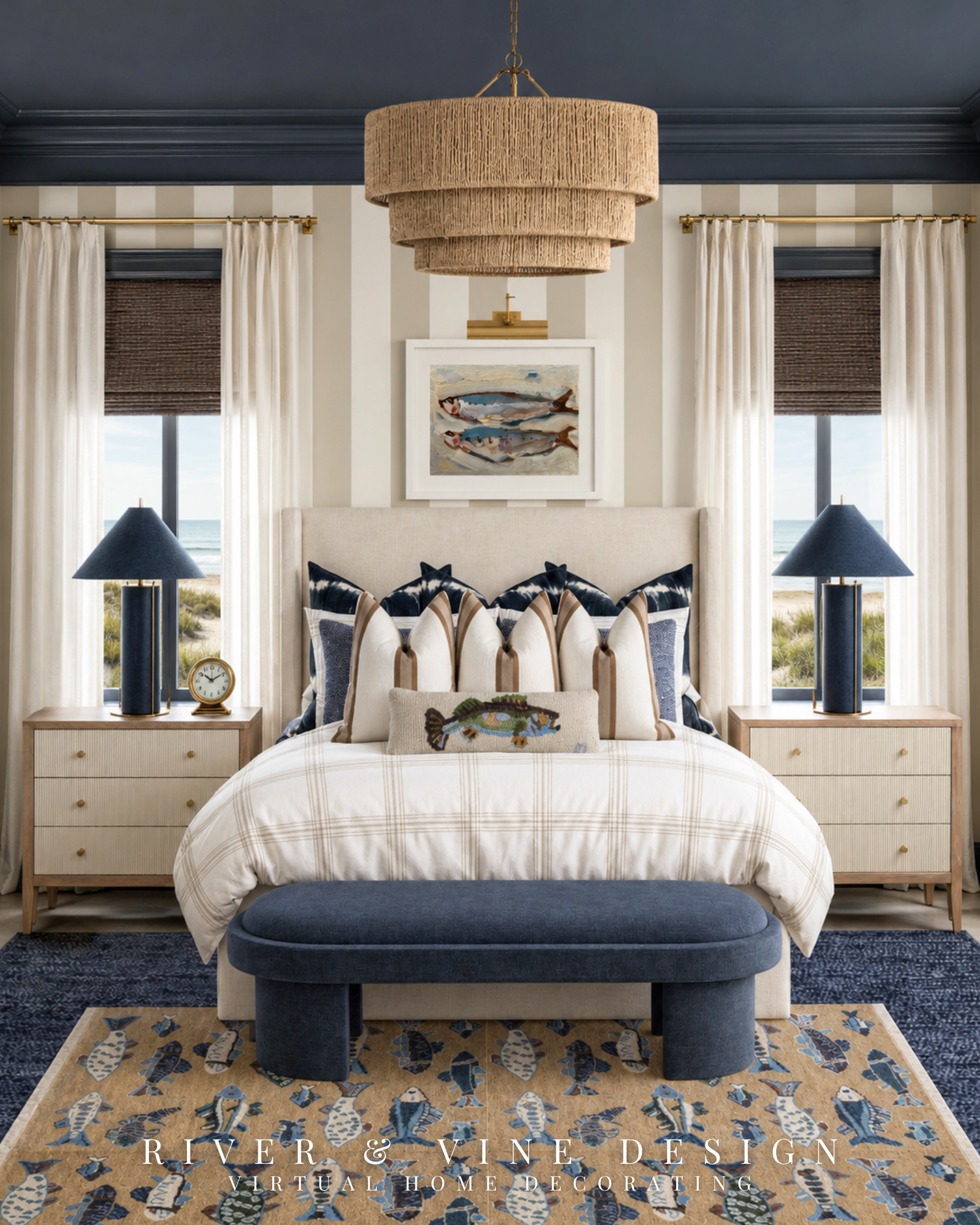 A coastal bedroom doesn’t have to be pale from floor to ceiling to feel relaxed.

The depth in this navy and cream bedroom comes from using dark color strategically. The navy ceiling, trim, lamps, and bench frame the lighter upholstered bed, curtains, bedding, and wood nightstands, giving the room contrast without making it feel heavy. The woven chandelier and playful fish rug add warmth and personality while staying connected to the coastal setting.

If you love navy but aren’t sure how to balance it, this product edit takes the guesswork out of choosing pieces that feel light, layered, and cohesive. Find the bedding, furniture, lighting, rug, and finishing details below.

navy coastal bedroom, blue and cream bedroom decor, classic coastal bedroom, navy bedroom accents, coastal bedroom furniture, neutral bedroom bedding, fish area rug, woven bedroom chandelier

I may receive a commission from purchases made through my links.
 

 #LTKHome #LTKKids