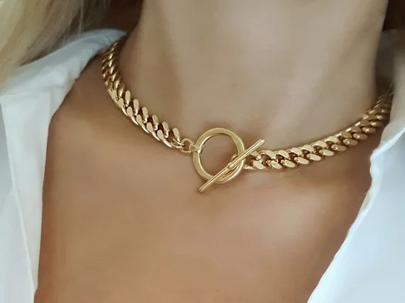 Chunky Gold Curb Chain Choker, Gold Chunky Toggle Choker, Statement Necklace, Cuban Link Chain Ne... | Etsy (US)