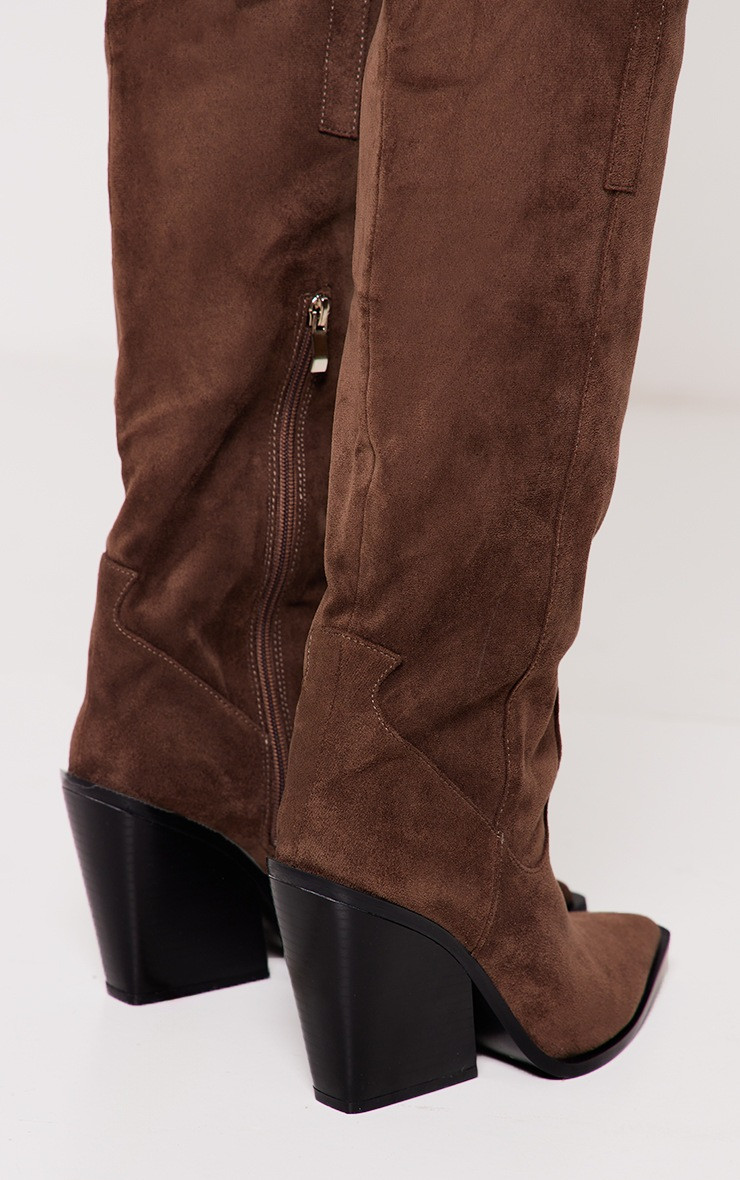 Brown Faux Suede Western Pointed Wedge Heeled Knee Boots | PrettyLittleThing US
