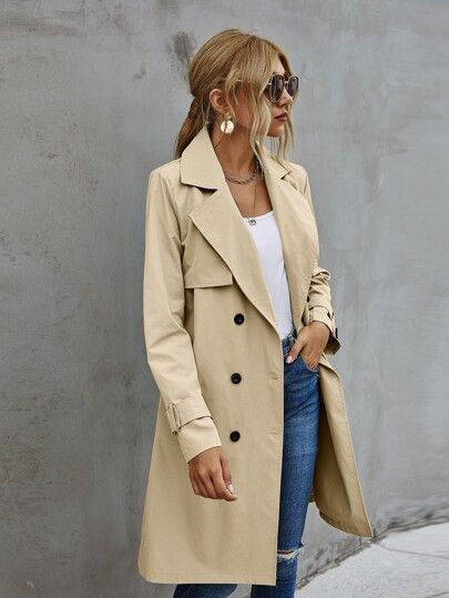 Solid Double Breasted Belted Trench Coat | SHEIN