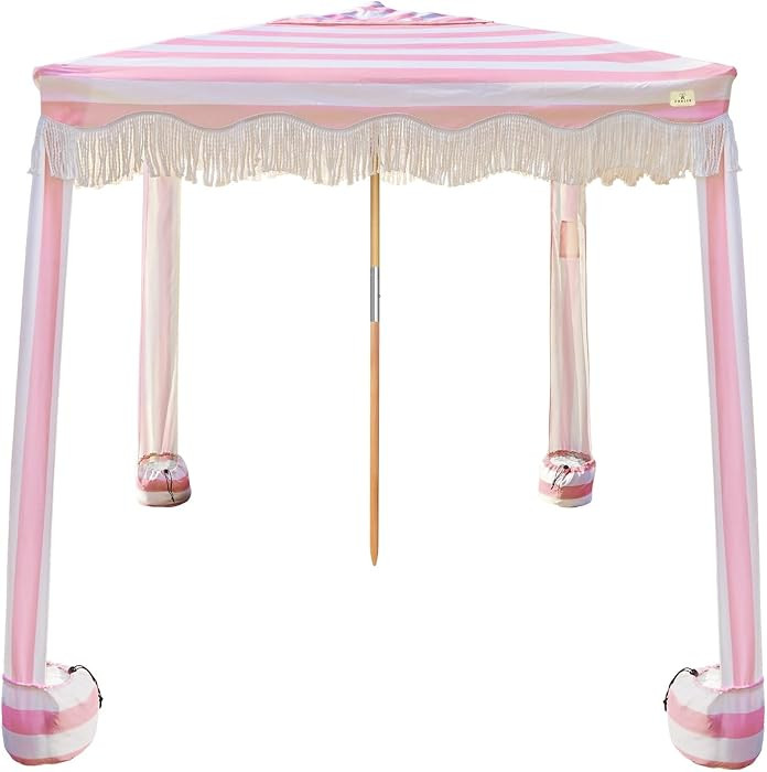 AMMSUN Beach Cabana with Fringe, 7' x 7' Boho Beach Canopy with Tassels, Easy Set up & Premium Wood Pole, Cabana Tent with Sand Pockets, Instant Sun Shade for Sand, Garden, Patio, Rose Stripes | Amazon (US)