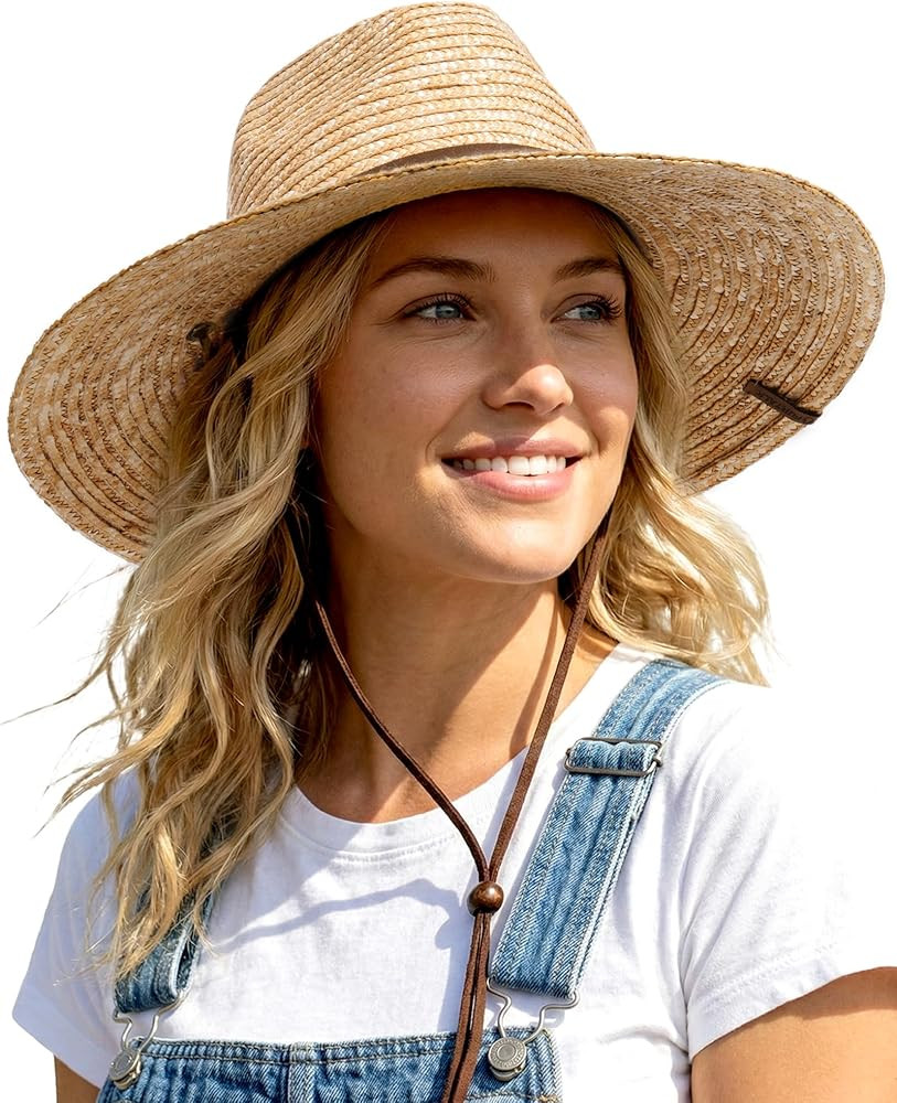 FURTALK Wheat Straw Sun Hat Summer Wide Brim Panama Fedora Beach Hat with Wind Lanyard, UPF 80+ S... | Amazon (US)