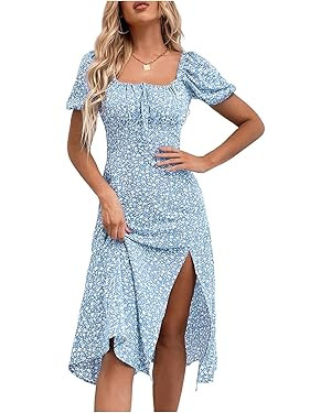 Floerns Women's Floral Puff Sleeve Milkmaid Dress Ruched Bust Split A Line Midi Dresses | Amazon (US)