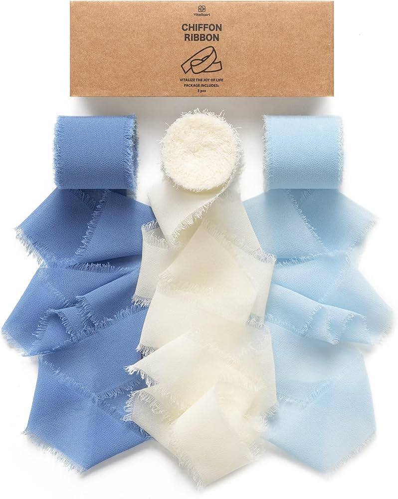 Vitalizart Blue Handmade Chiffon Silk Ribbon Fringe 1.5" x 21 Yd Dusty & Baby Blue Frayed Edges R... | Amazon (US)
