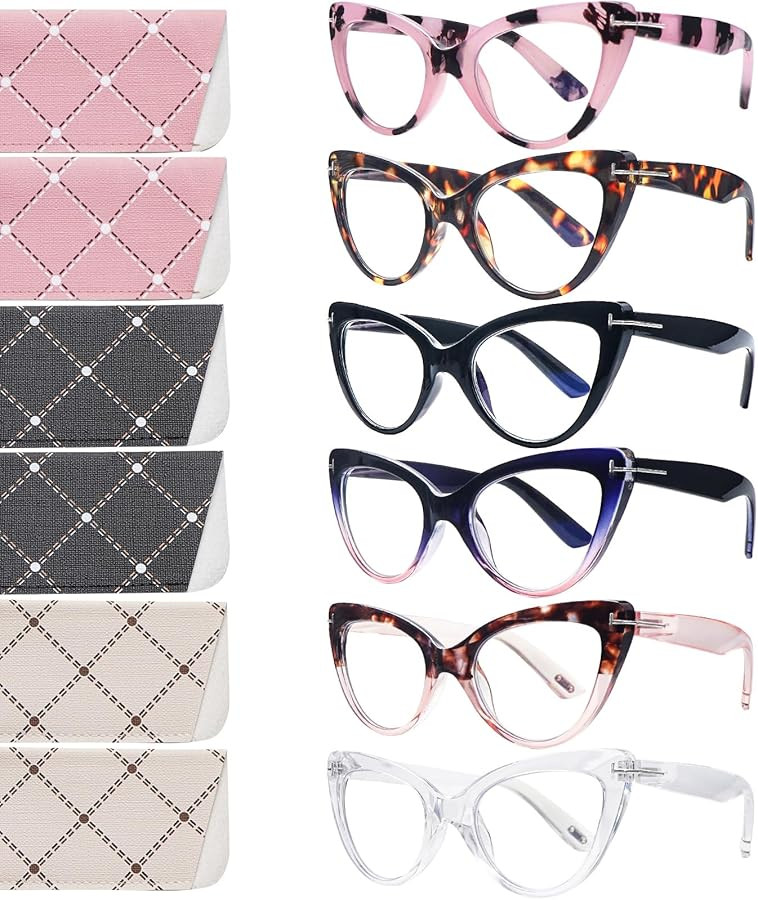 6 Pack Fashion Cat Eye Reading Glasses for Women Blue Light Blocking Oversized Spring Hinges Comp... | Amazon (US)