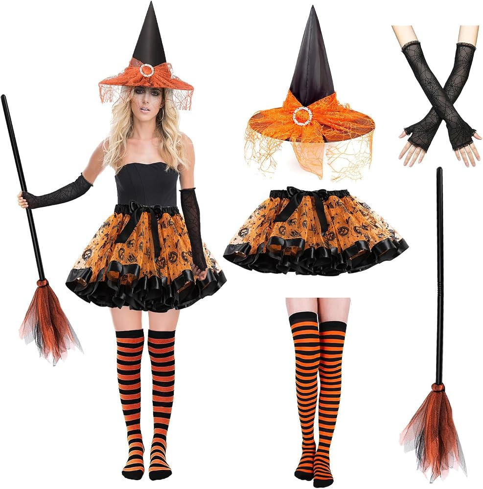 Witch Costume for Women, 5PCS Halloween Costume with Hat Tutu Broom Striped Thigh Socks Gloves, F... | Amazon (US)