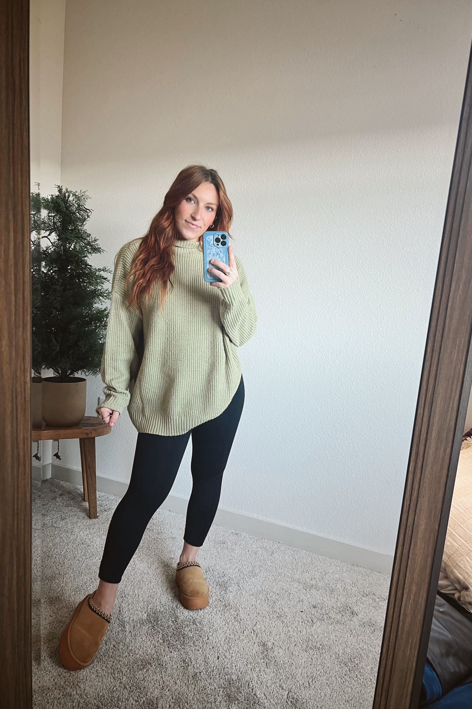 Casual Ootd - Fabletics Powerhold leggings - SHEIN green knit sweater - SHEIN faux suede slip on slippers - Ugg dupes - casual look

#LTKbump #LTKshoecrush #LTKstyletip