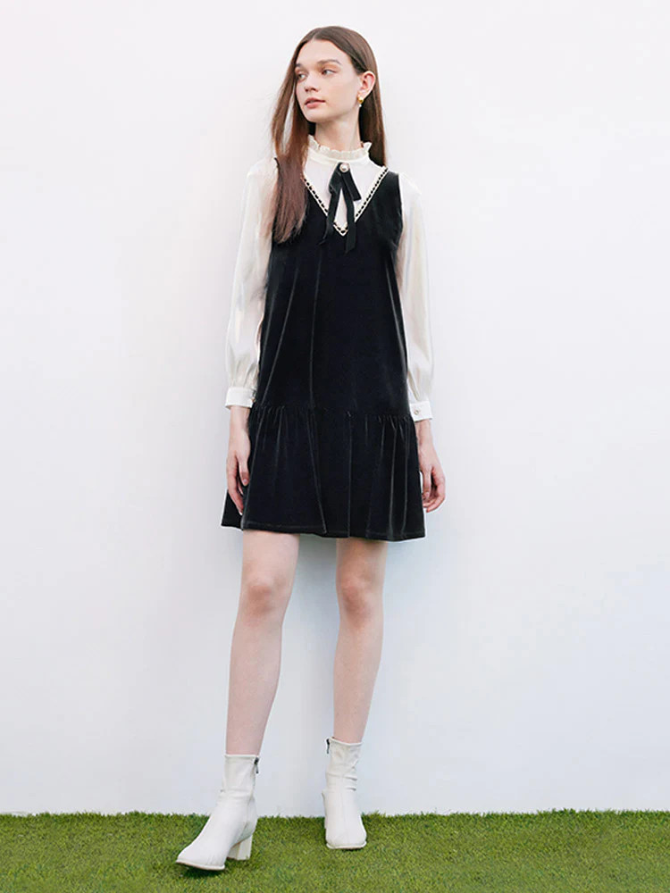 Black Velvet Patchwork Mini Dress With Tie | GoeliaGlobal