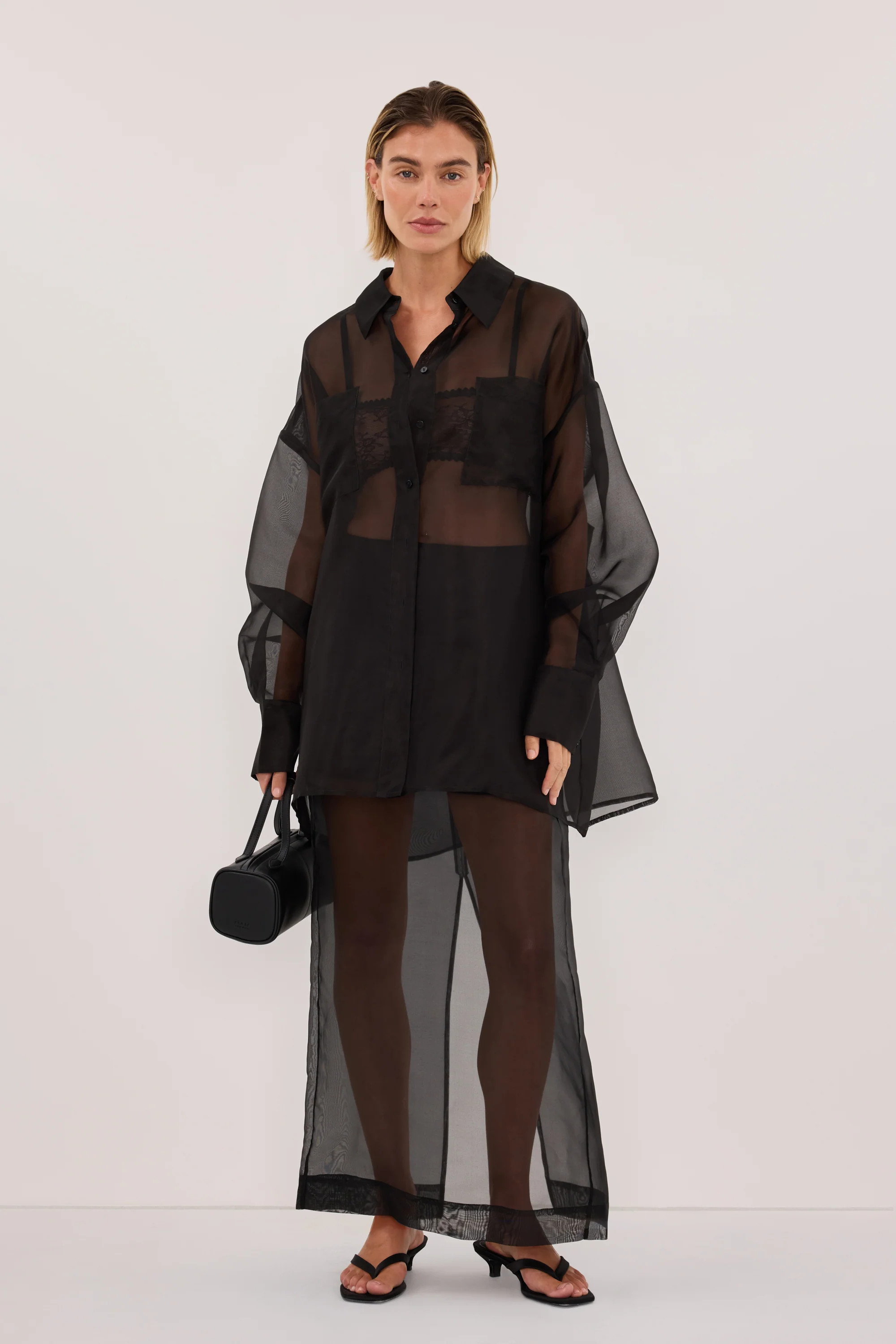 SIAN BLACK SILK ORGANZA MIDI SKIRT | DISSH