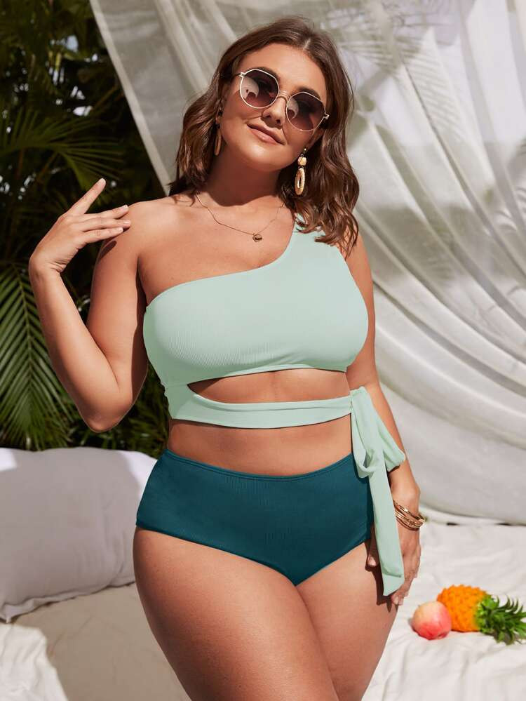 Plus Rib Cut-out One Shoulder Bikini Swimsuit | SHEIN
