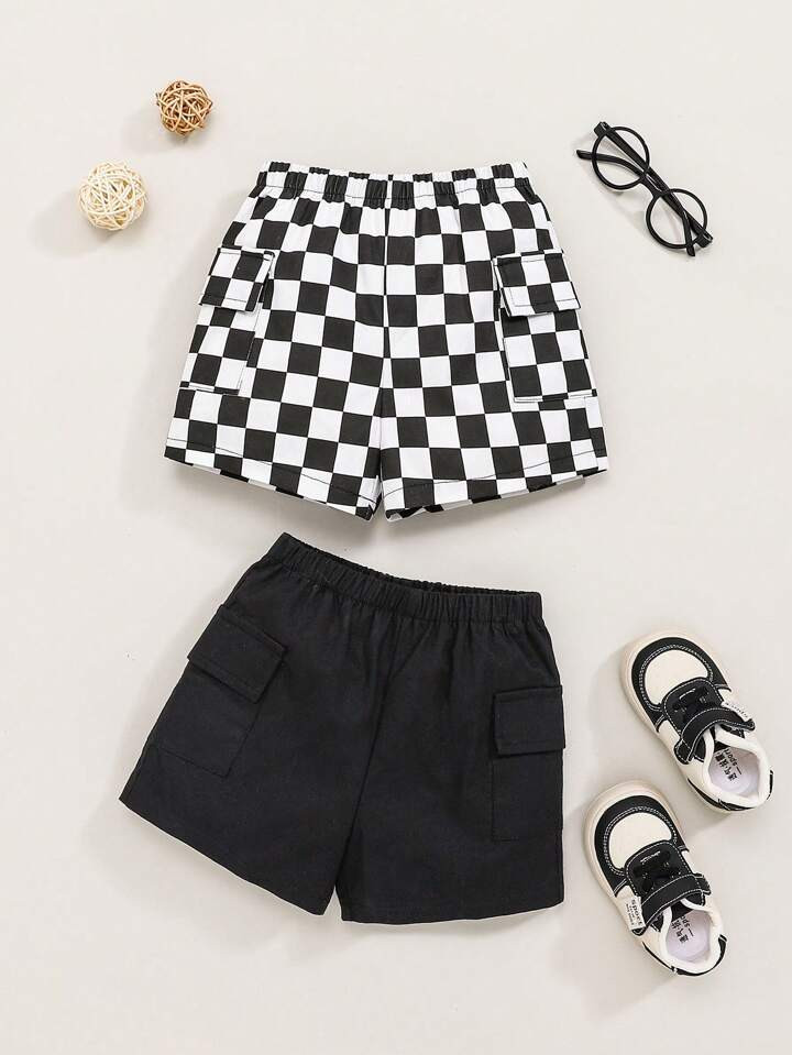 SHEIN Baby Boys' Black And White Plaid & Solid Color Shorts Set | SHEIN USA | SHEIN