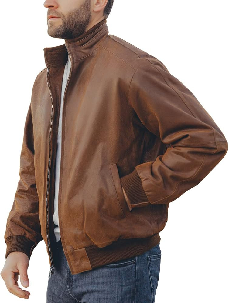 FLAVOR Men's Real Leather Bomber Casual Jacket | Amazon (US)