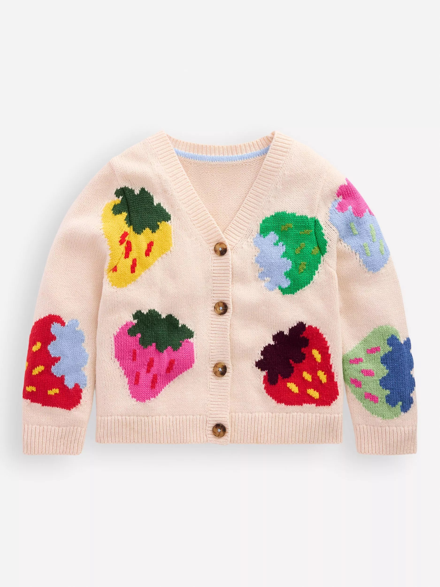 Mini Boden Kids' Flora Fun V-Neck Cardigan, Ecru Strawberries | John Lewis (UK)