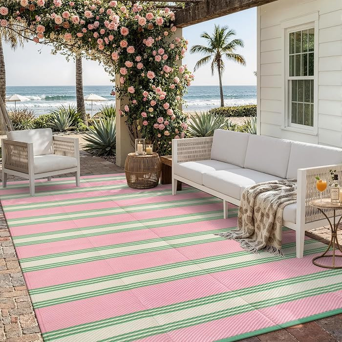 Lahome Striped Outdoor Rug 8x10 Patio Waterproof, Reversible Outdoor Plastic Straw Rug for Camping, RV Patio Rugs Outside Large Carpet for Porch Deck Backyard Picnic(Pink/Green,8'x 10') | Amazon (US)