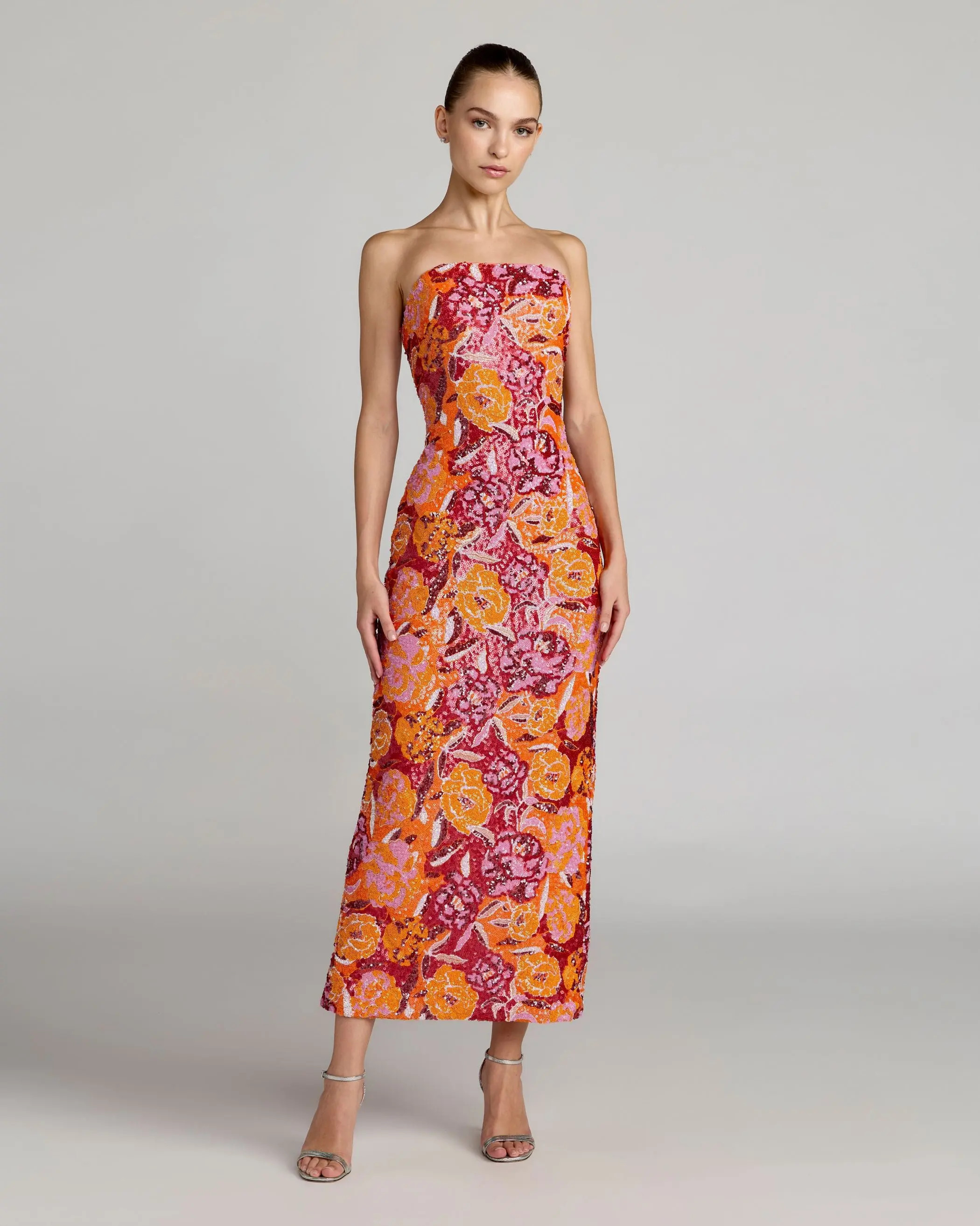 Pink and Orange Strapless Floral Sequin Midi Dress | Mac Duggal | Mac Duggal