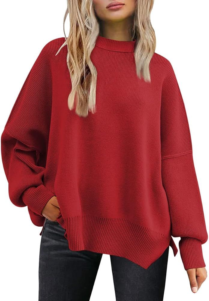 LILLUSORY Women's Oversized Batwing Sweaters 2024 Fall Outfits Crewneck Ribbed Knit Side Slit Tre... | Amazon (US)