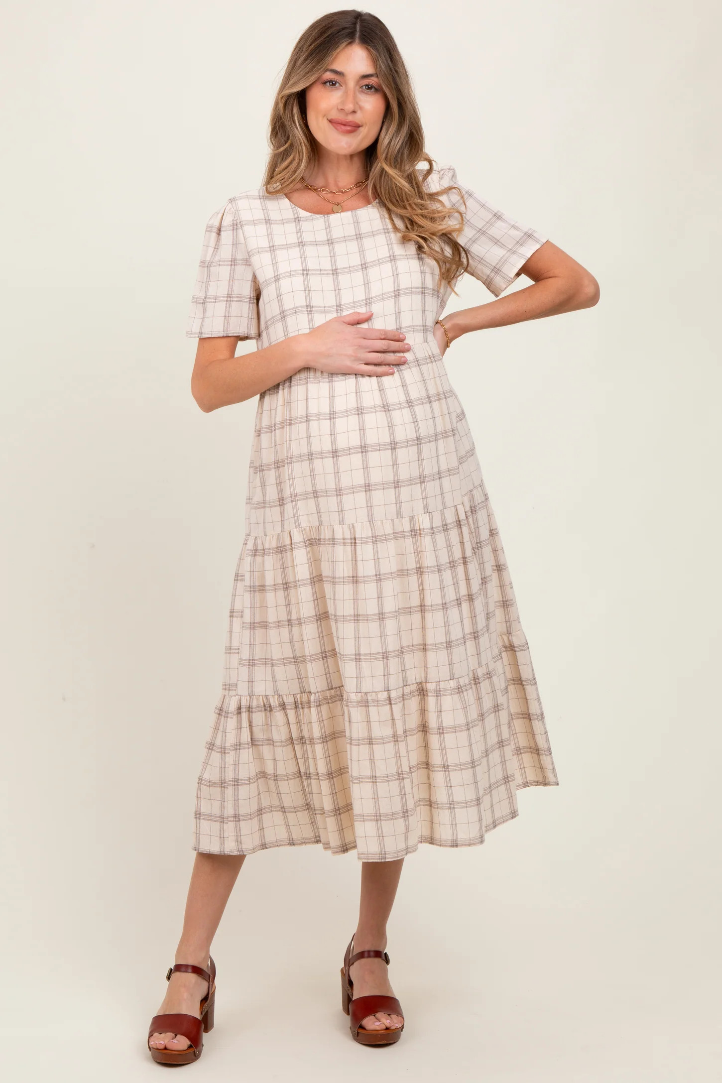 Ivory Plaid Tiered Short Sleeve Maternity Dress | PinkBlush Maternity