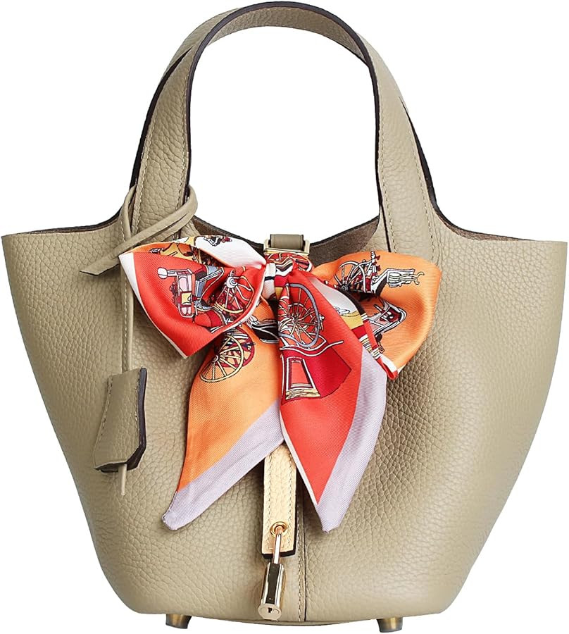 Genuine Leather Bucket Bag with a Scarf for Women Handbag tote bag with metal clasp, market tote ... | Amazon (US)
