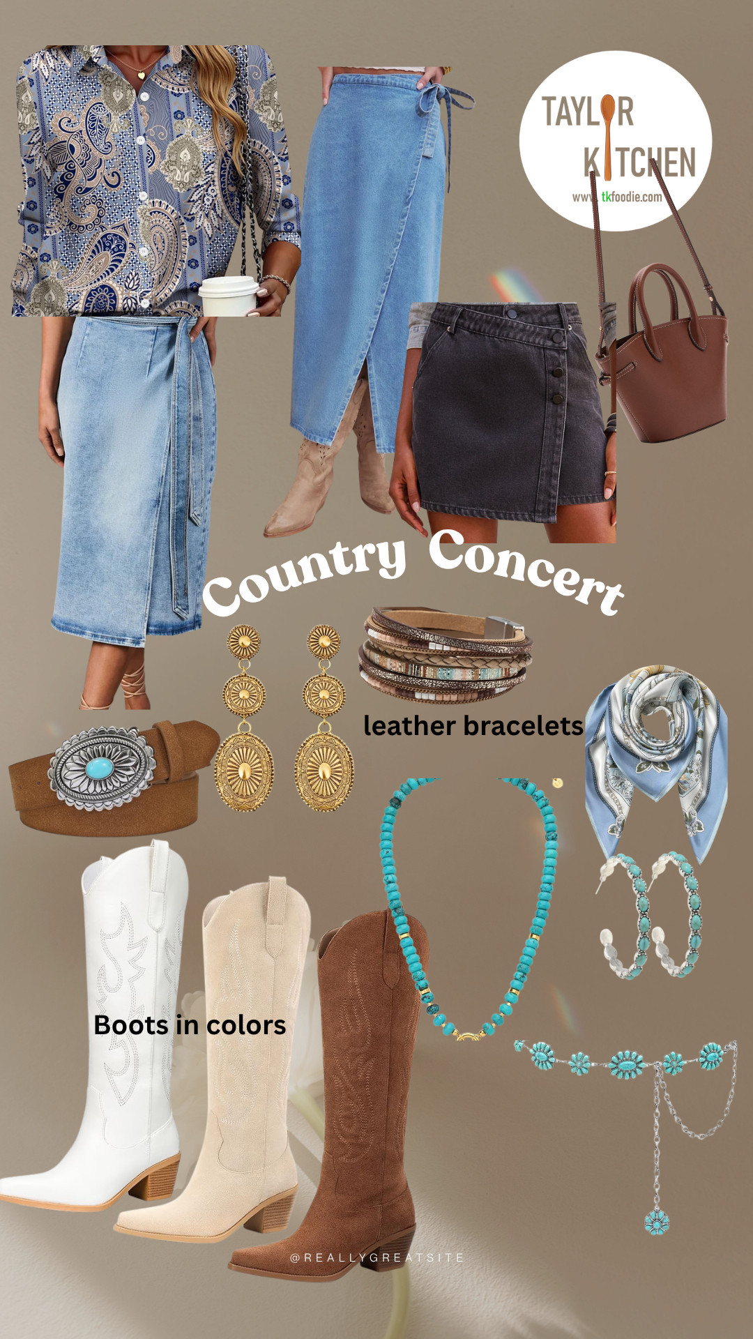 #CountryConcert 🎶 #Fashion or perhaps you're rodeo bound.  It seems fitting that some cowboy boots 👢(and these are in so many colors) + some turquoise are in order.
Denim wrap skirts come in different lengths to suit anyone.
Put together your 'fit here from my LTK💕
#concert 

 #LTKSeasonal