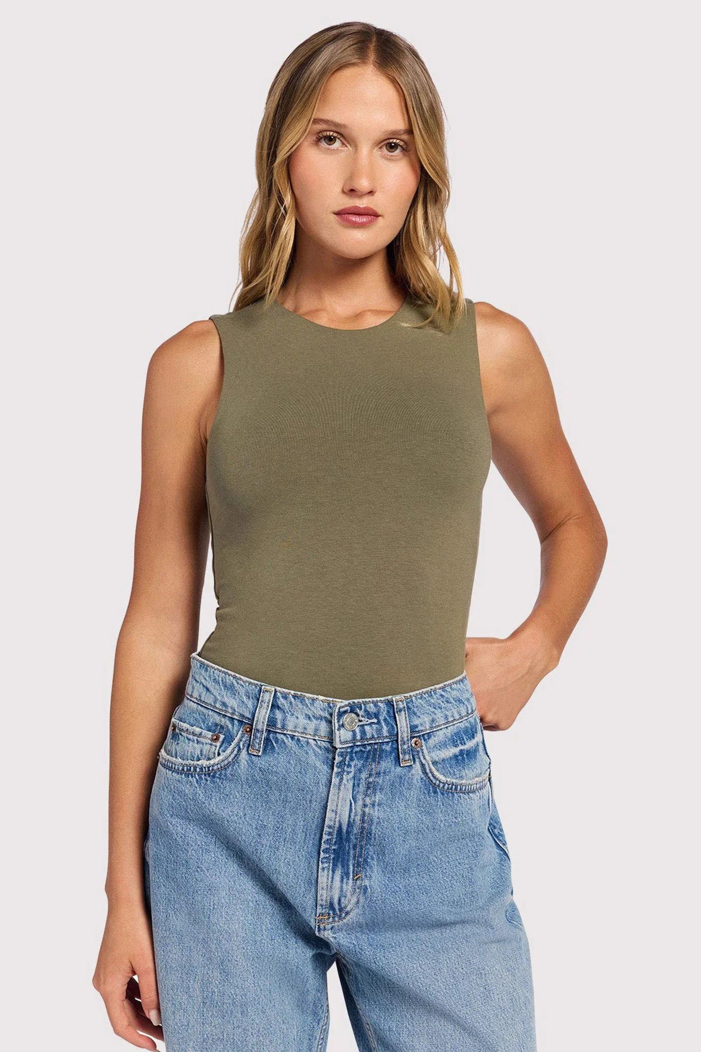 Cotton Stretch Classic Crewneck Tank Bodysuit | Olive | nuuds