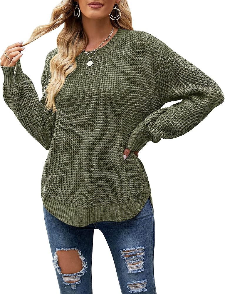 MEROKEETY Women's 2024 Fall Casual Fall Waffle Knit Sweater Long Balloon Sleeve Loose Pullover Ju... | Amazon (US)