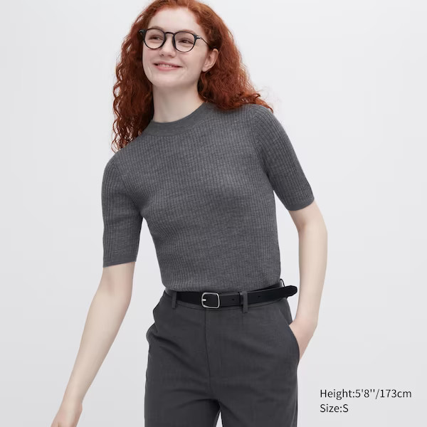 Extra Fine Merino Ribbed Mock Neck Half-Sleeve Sweater | UNIQLO (US)