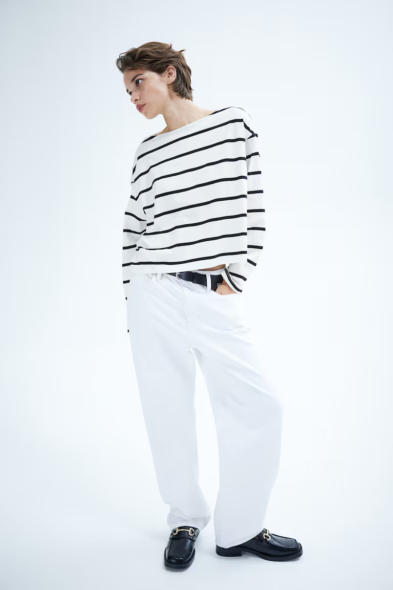 Oversized boat-neck top - Boat neck - Long sleeve - Navy blue/White striped - Ladies | H&M GB | H&M (UK, MY, IN, SG, PH, TW, HK)