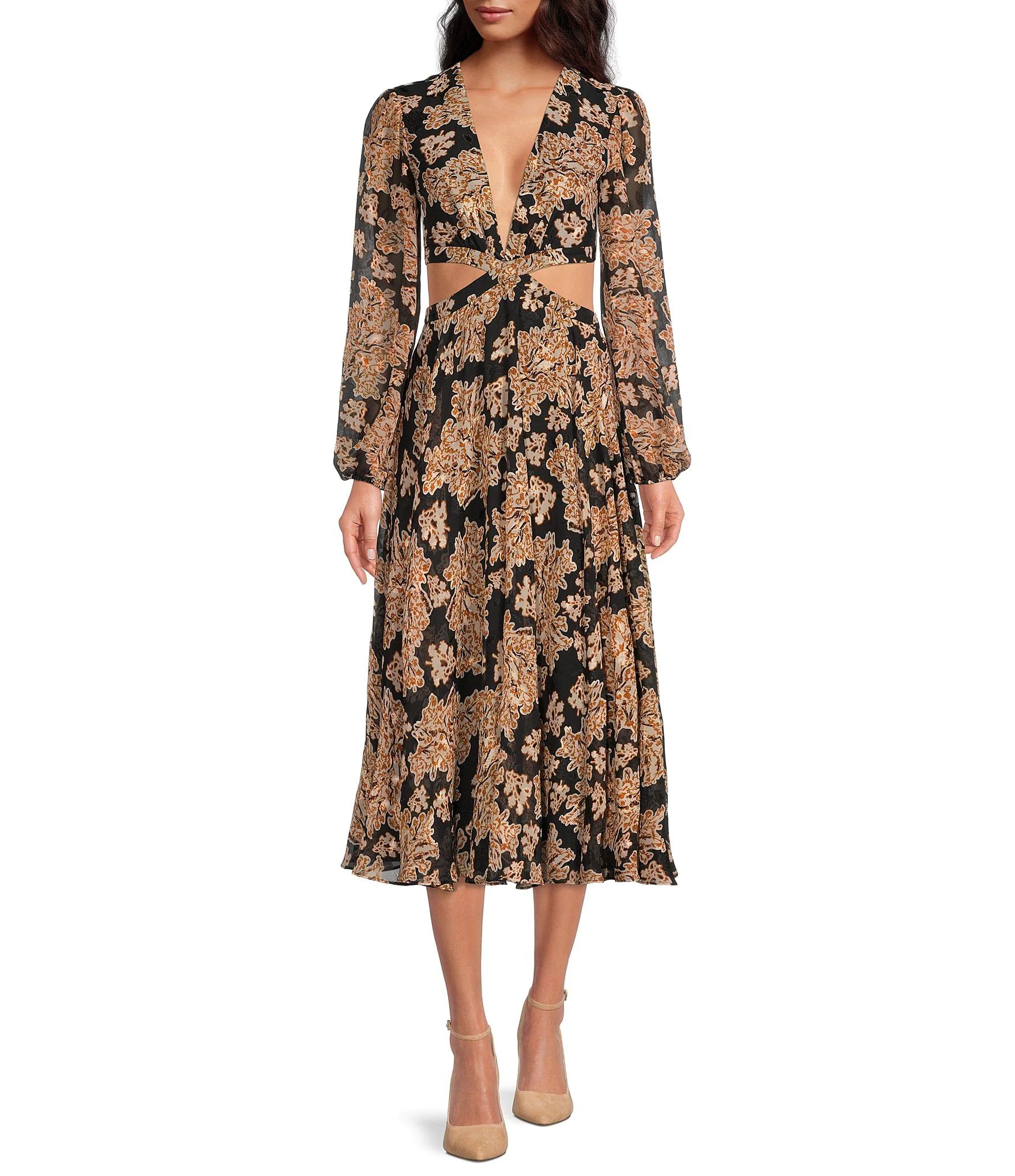 Marisol Jacquard Cut-Out Long Sleeve V-Neck Dress | Dillard's