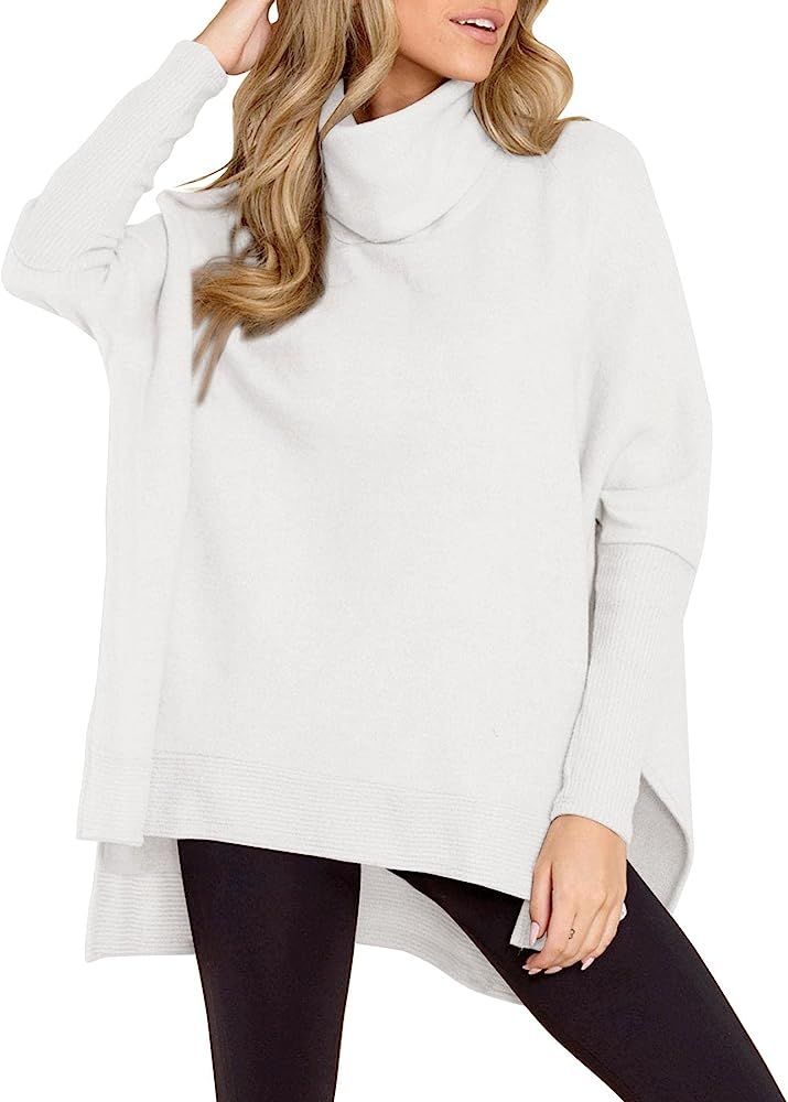 AVIVATINO Women's Turtleneck Oversized Sweaters Batwing Long Sleeve High Low Split Hem Knit Pullover | Amazon (US)