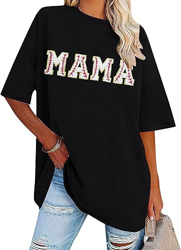 Baseball Shirt Women Oversized Baseball Mom Tops Chenille Baseball Letter Printed Tees Baseball M... | Amazon (US)