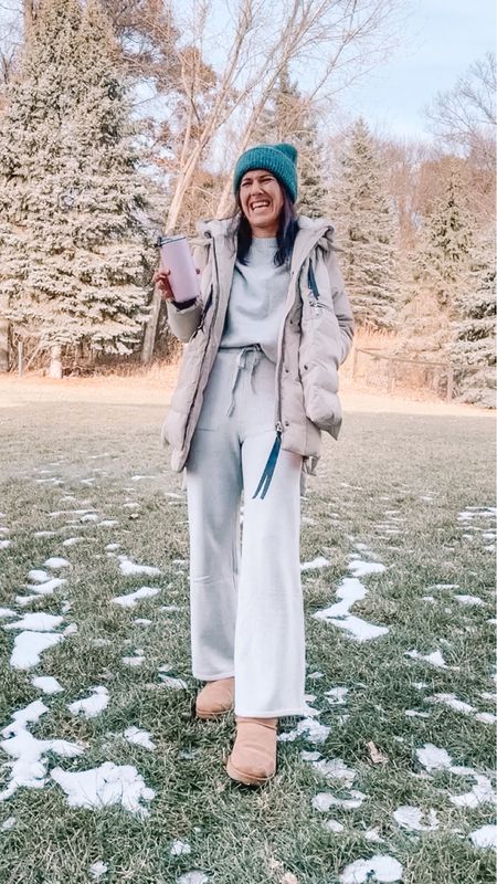 Walmart fashion loungewear set, wearing small bottoms & xs top
Ugg boots
Amazon fashion winter coat, small

Winter jacket 
Amazon finds 
Walmart finds 
Walmart style 
Swell thermos, gifts for her

#LTKunder50 #LTKGiftGuide #LTKstyletip
