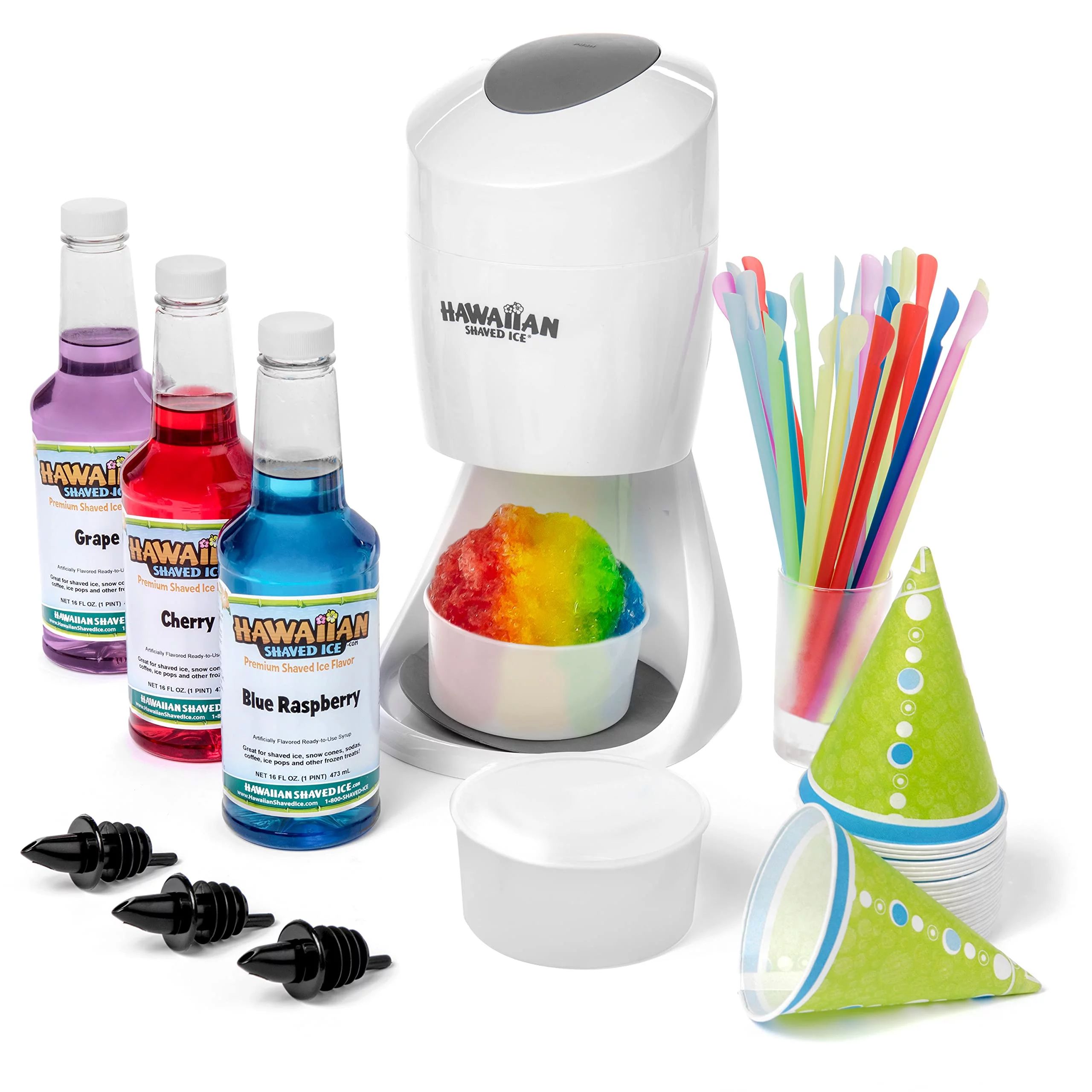 Hawaiian Shaved Ice Shaved Ice White S900A Machine Party Package with 3 Syrups and Supplies | Walmart (US)