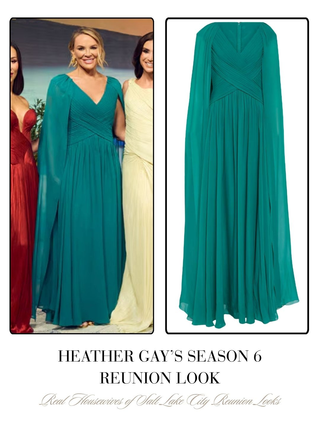 Heather Gay’s Real Housewives of Salt Lake City Season 6 Teal Cape Reunion Dress