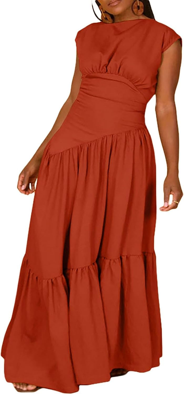 Women's Summer Sleeveless Loose Flowy Maxi Dress Crew Neck High Waist Casual Long Dress Zipper Swing Sundress | Amazon (US)