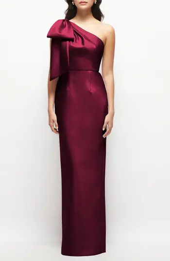 Bow Detail One-Shoulder Satin Twill Column Gown | Nordstrom