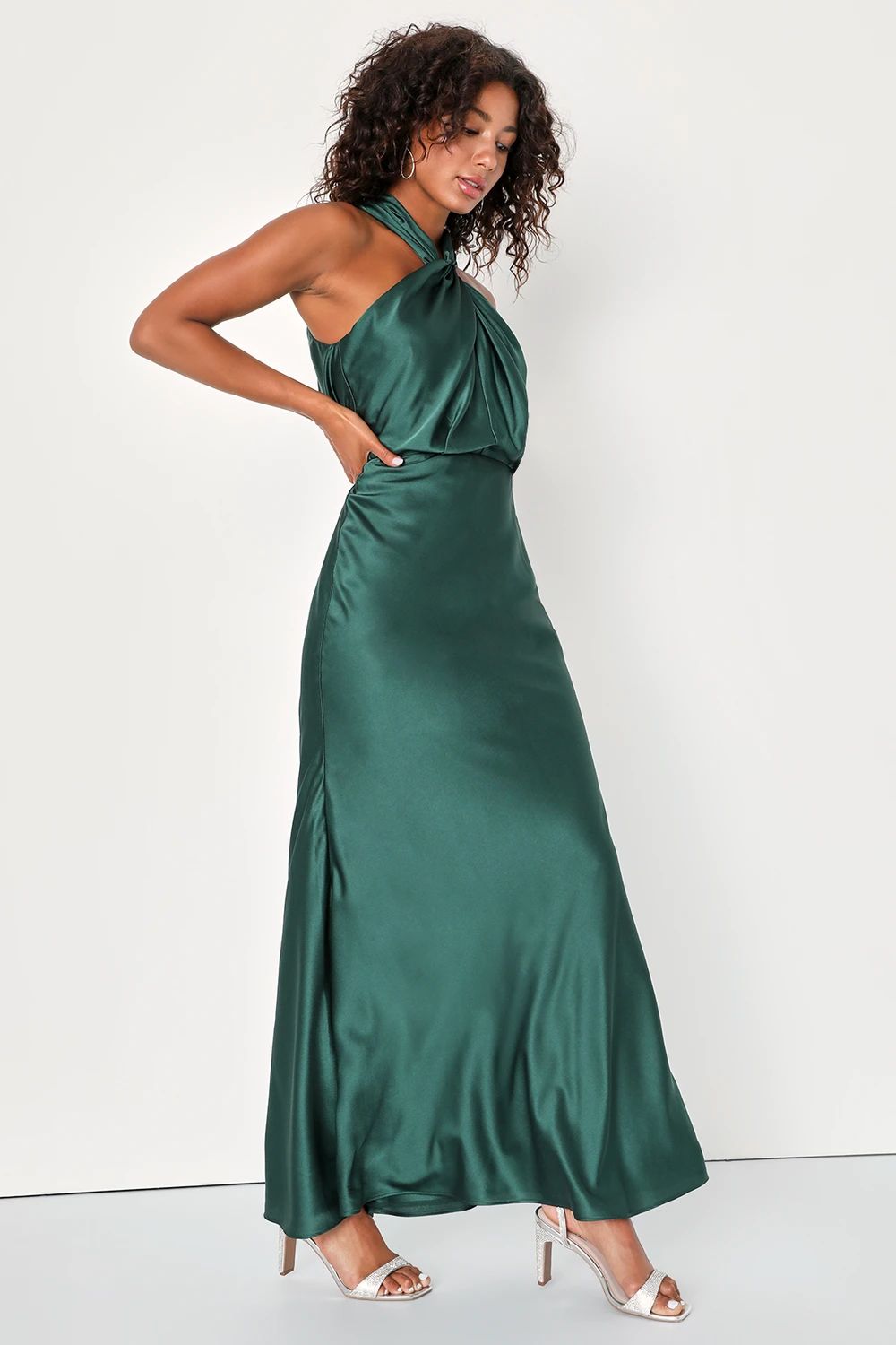 At the Halter Hunter Green Satin Halter Twist-Front Maxi Dress | Lulus (US)