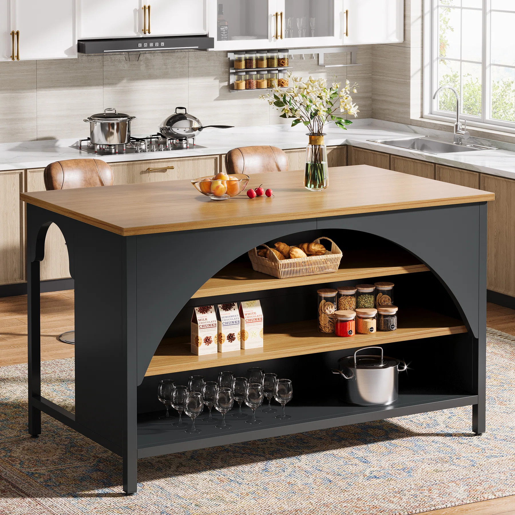 Kitchen Island With 3 Storage Shelves, 55 Inch Farmhouse Kitchen Shelf Bar Table With Large Workt... | Wayfair North America